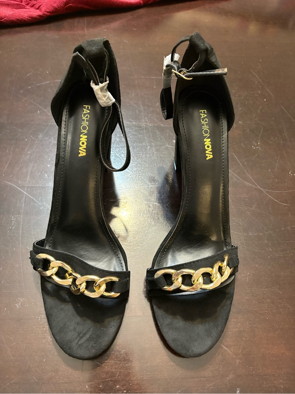 Fashion Nova Black Heeled Sandals with Gold Chain Accent
